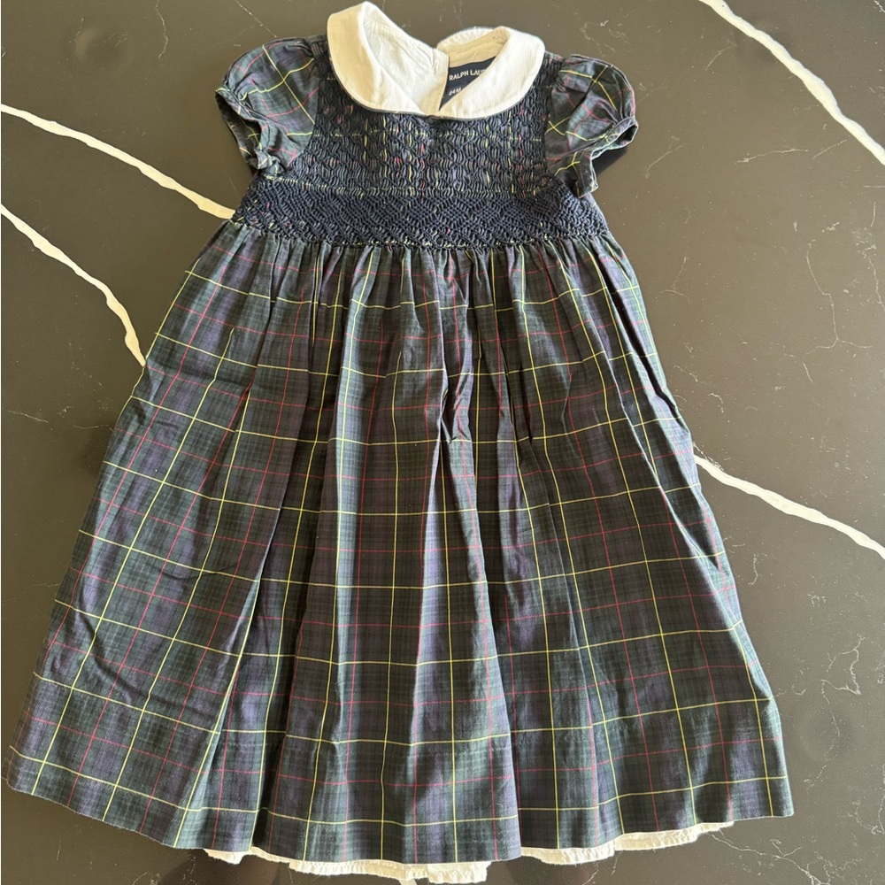 Vintage Blue Label Ralph Lauren Kids Dress with White Collar‎ and Plaid Pattern